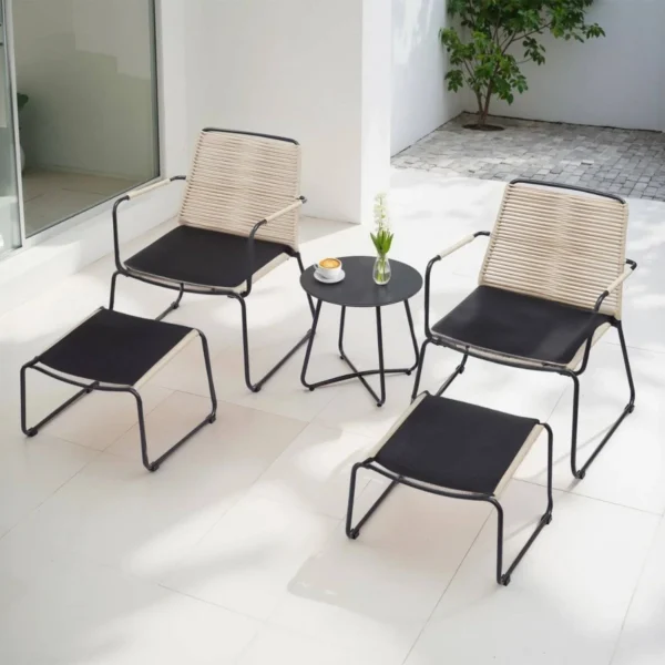 5 Piece Outdoor Patio Set with Ottoman & Side Table (Beige & Black)