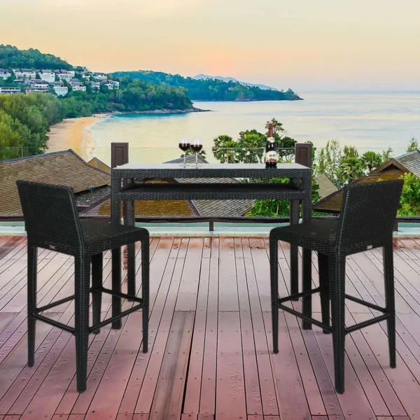 3-Piece Wicker Outdoor Serving Bar Set Height Table With 2-Stools (Black)