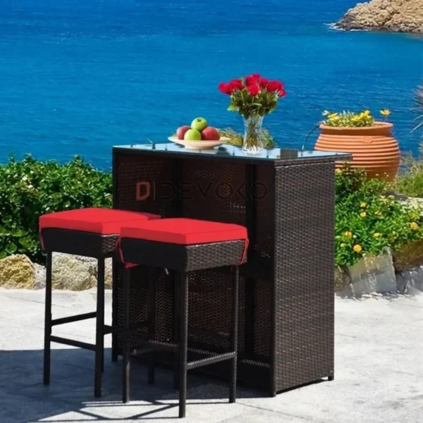 3-Piece Rattan Wicker Patio Bar Set with Cushioned Stools & Glass Table – Dark Brown & Red