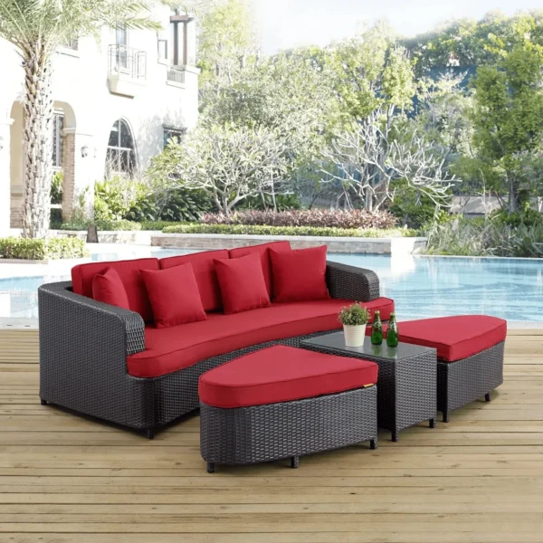 4 Pieces Sectional Patio Furniture Outdoor Daybed Set (Dark Brown and Red)