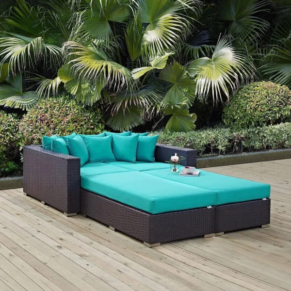 3pcs Outdoor Rattan & Wicker Sofa Daybed (Dark Brown/Turquoise Blue)