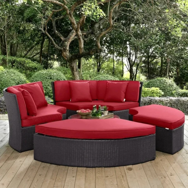 Wicker Outdoor Patio Round Daybed With Coffee Table(Dark Brown & Red)