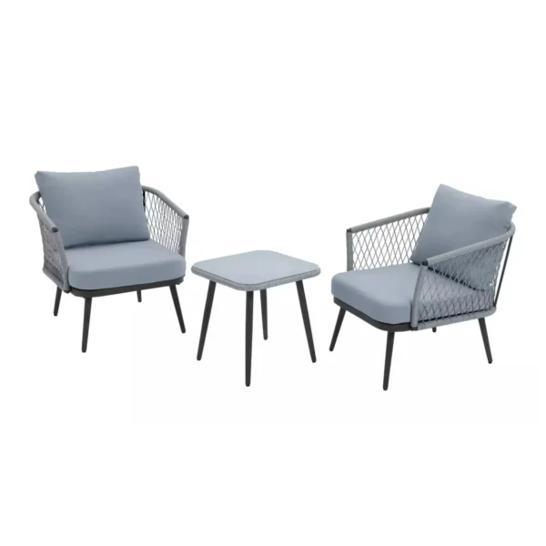 Rope Chairs with Cushions & Center Table (Grey)