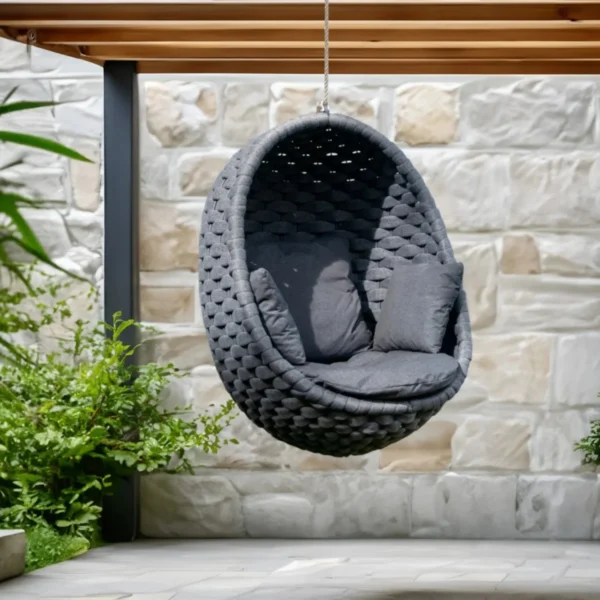 Grey Rope Hanging Egg Swing Chair with Dark Grey Cushions