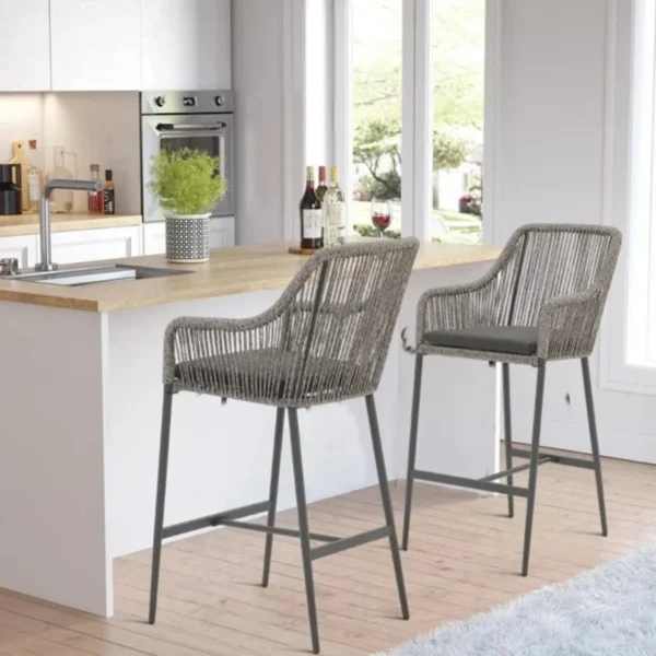 Outdoor Rope 2 Piece Patio Bar Stools With Cushions(Grey)