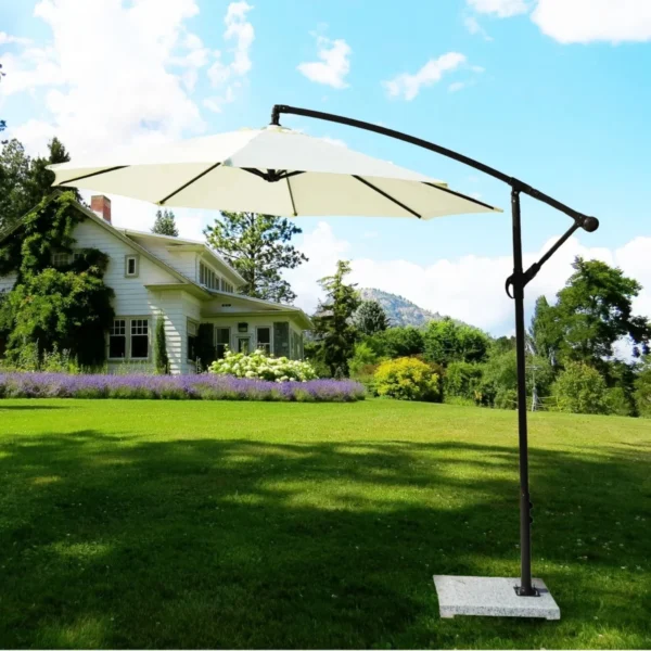 9 Ft Outdoor Patio Offset Cantilever Umbrella with Marble Base & Crank Handle for Garden(Off-white)