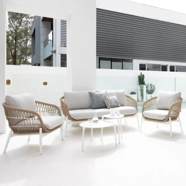 Outdoor Garden 4 Seater Rope Sofa(Beige & White)