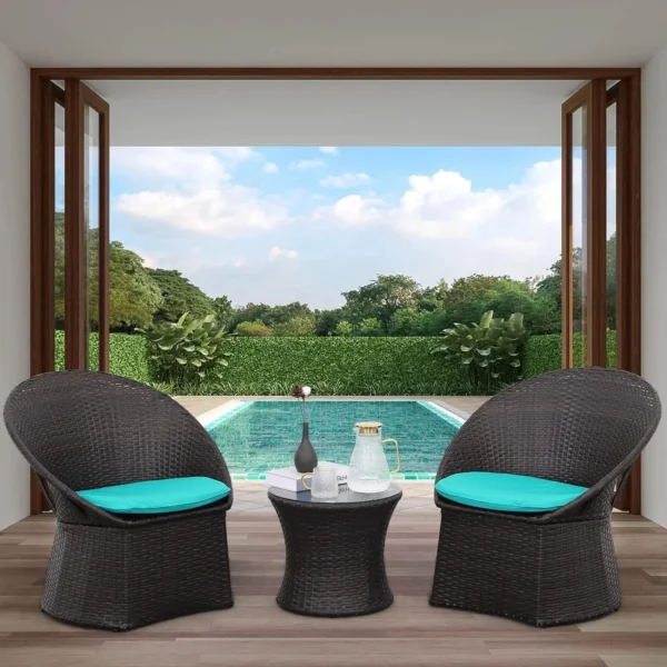 3-Piece Rattan Wicker Patio Set (Dark Brown & Sky-Blue)
