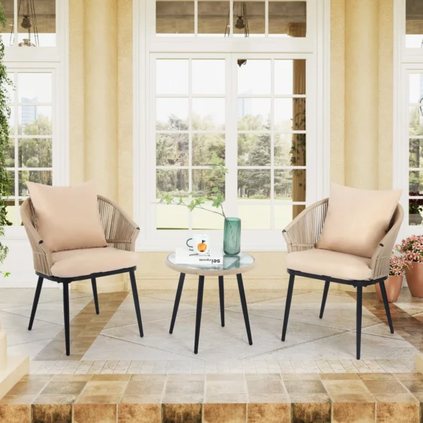 All Weather Outdoor Beige Rope Patio Set With Cream Cushion
