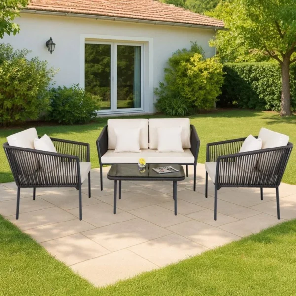 Outdoor Rope 4 Piece Sofa Set (Grey & Off-White)