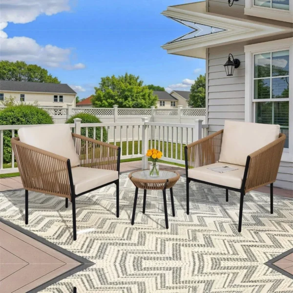 3-Piece Outdoor Rope Patio Furniture Set – Beige & Off-White