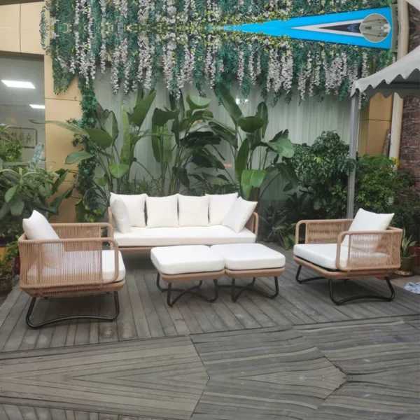 Outdoor 7 Seater Beige Rope Sofa Conversation Set With Ottomans