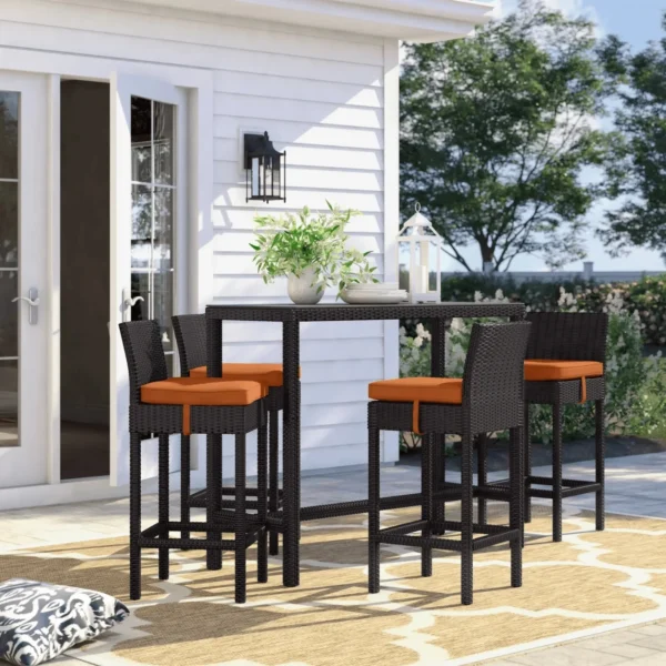 5 Piece Patio Wicker Dining Bar Set Outdoor Rattan Furniture(Dark Brown & Orange)