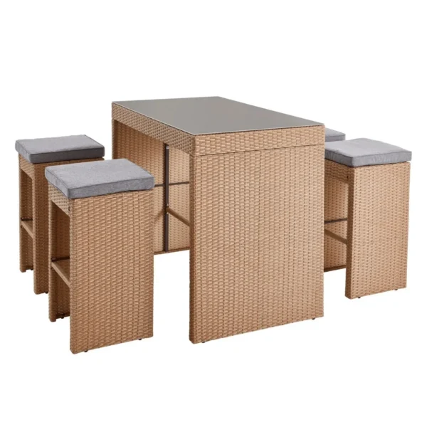 5-Piece Wicker Counter Height Dining Bar Set with Stools and Glass Table for Backyard(Beige & Grey)