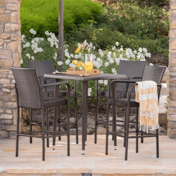 5-Piece Rattan Wicker Patio Bar Set(Dark Brown)