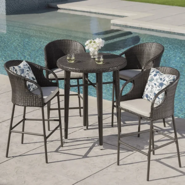 5-Piece Rattan Wicker Patio Bar Set(Dark Brown & Off-white)