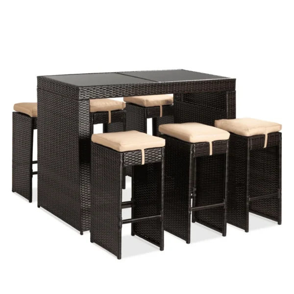 7-Piece Outdoor Wicker Bar Dining Set (Dark Brown & Cream)