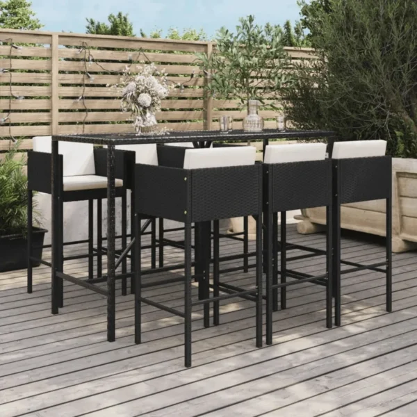 7 Piece Outdoor Wicker Dining Bar Set Patio Furniture Stools with Cushions(Black & White)