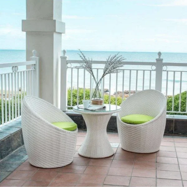 3-Piece Rattan Patio Set: White & Light Green Wicker Outdoor Furniture