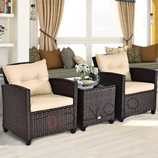 3-Piece Rattan Patio Furniture Set: Cream & Dark Brown