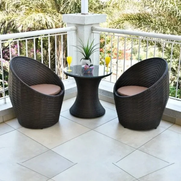 3-Piece Rattan Wicker Patio Set: 2 Chairs + Glass Table (Dark Brown & Cream)