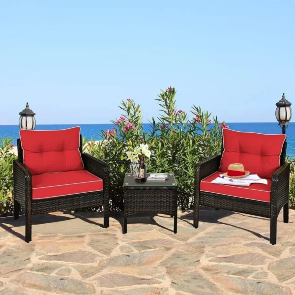 3-Piece Rattan Wicker Patio Furniture Set – Dark Brown/Red