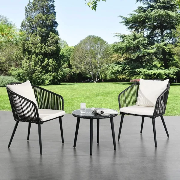 3 Piece Patio Wicker Set – Black/Off-white – Terrace/Garden