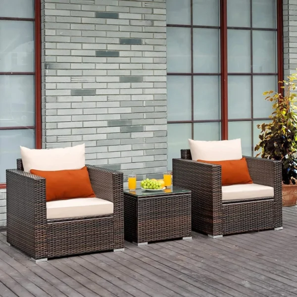 3-Piece Outdoor Rattan Conversation Set (Dark Brown/Cream)