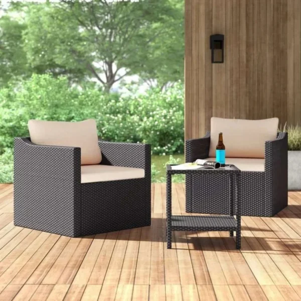 3-Piece Outdoor Wicker Conversation Bistro Set(Black & Cream)
