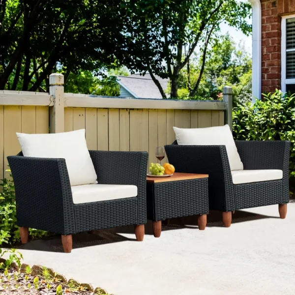 3 Piece Outdoor Sofa Rattan Wicker Patio Furniture Set (Black & White)