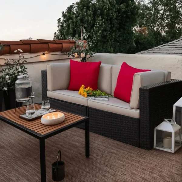 1 Piece Outdoor Patio Sectional Sofa Couch (Dark Brown & Cream)