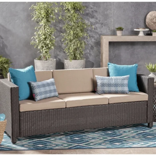 Dark Brown Wicker Patio Sofa with Cream Cushions
