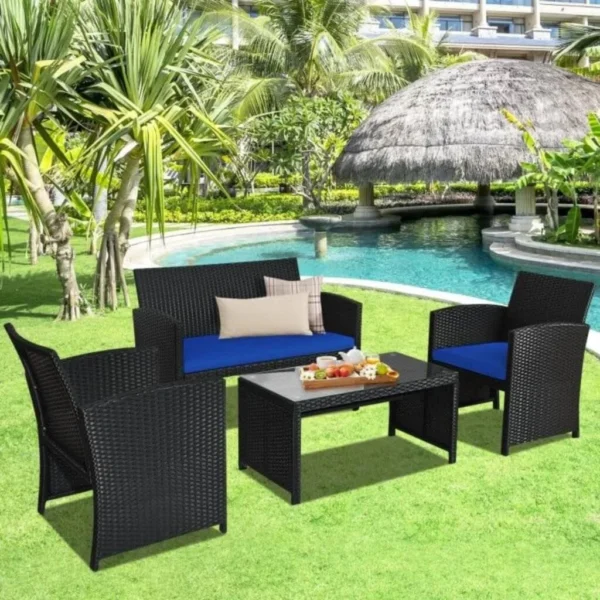 4PCS Outdoor Patio Rattan Furniture Set (Black and Blue)