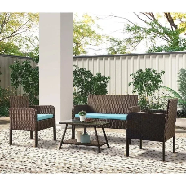 4PCS Patio Wicker Furniture Set (Dark Brown & Sky-blue)