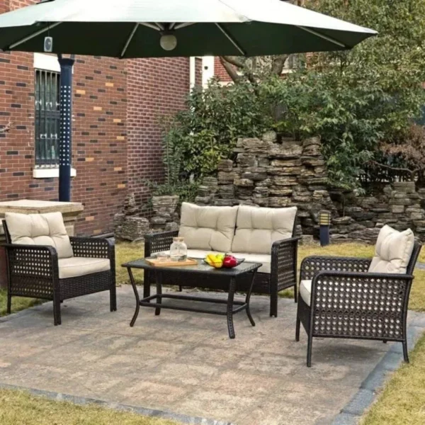 4PCS Patio Wicker Furniture Set (Dark Brown & Cream)