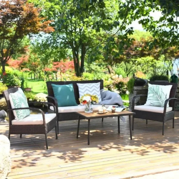 4PCS Outdoor Patio Rattan Furniture Set (Dark Brown and Cream)