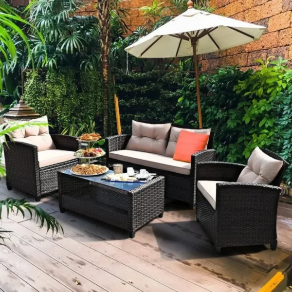 Outdoor Wicker Patio Sectional Sofa Set (Dark Brown & Cream)