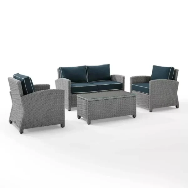 4PCS Patio Wicker Furniture Set with Silver Grey Rattan Chairs and Navy Blue Cushions