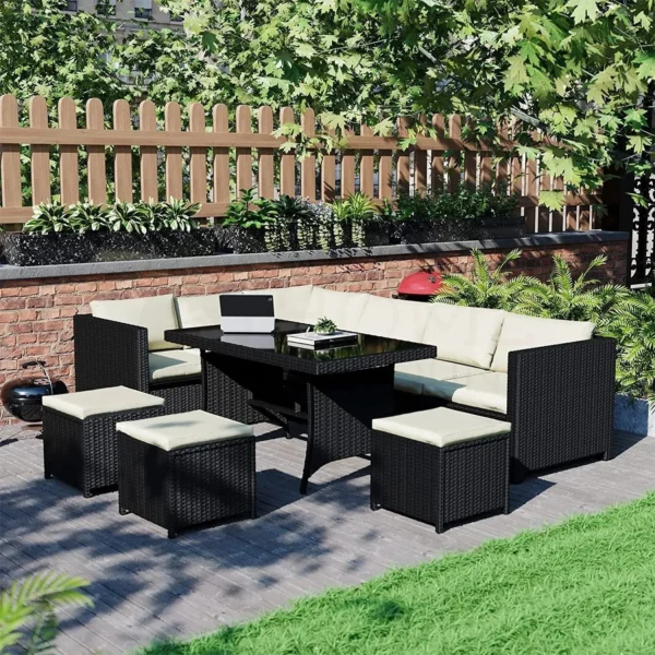 6-Piece Outdoor Wicker Patio Dining Set – Black/Cream