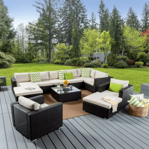 7 Pieces Patio Furniture Set, Outdoor Large Sectional Sofa with Table and Ottoman (Dark Brown & Cream)