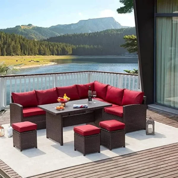 7-Piece Outdoor Patio Furniture Set – Dark Brown & Red