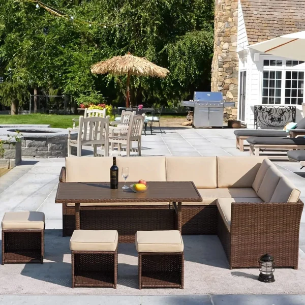 6-Piece L-Shaped Rattan Patio Dining Set – Dark Brown/Cream