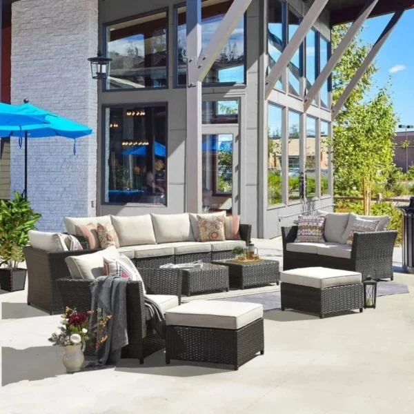Outdoor Wicker Sectional Set (Dark Brown/Cream)