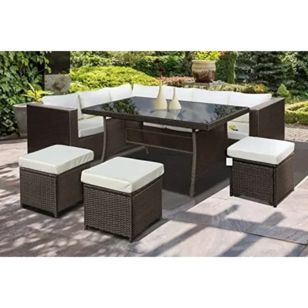 L-Shaped Patio Furniture Set with Dining Table and Chairs(Dark Brown & White)