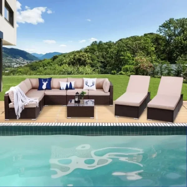 Outdoor Lounge Set with Cushions (Dark Brown/Cream)