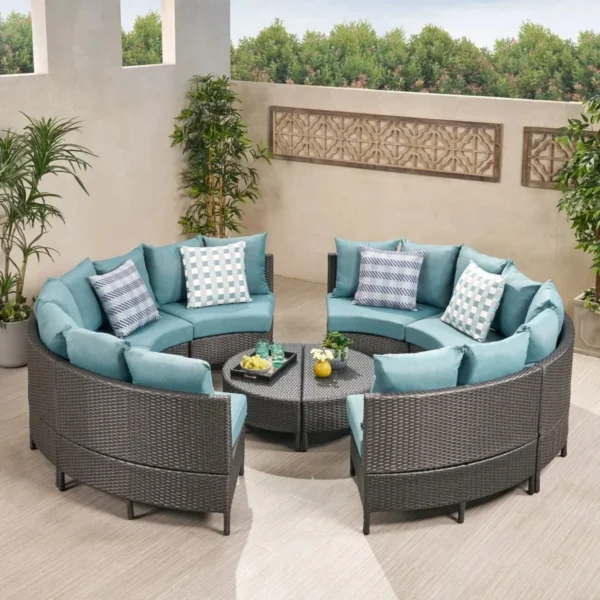 10 Piece Oval Shape Outdoor Wicker Patio Furniture (Dark Brown & Sky-Blue)