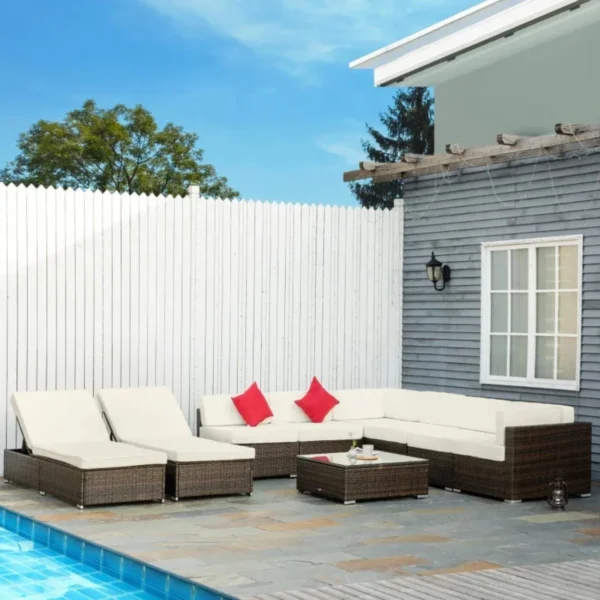 6 Seater Rattan Patio Outdoor Conversation Sofa Set with Center Table and Waterproof Recliner Lounge Chair(Dark Brown & White)