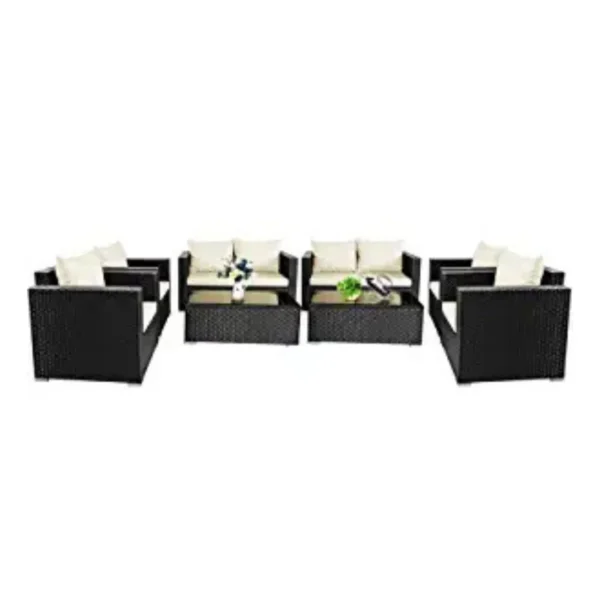 Black & White All-Weather Patio Furniture Set with Glass Table and Cushions