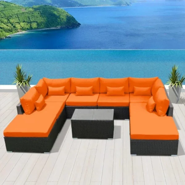 Outdoor 8 Seater Black Rattan Sectional Sofa Set with Orange Cushions