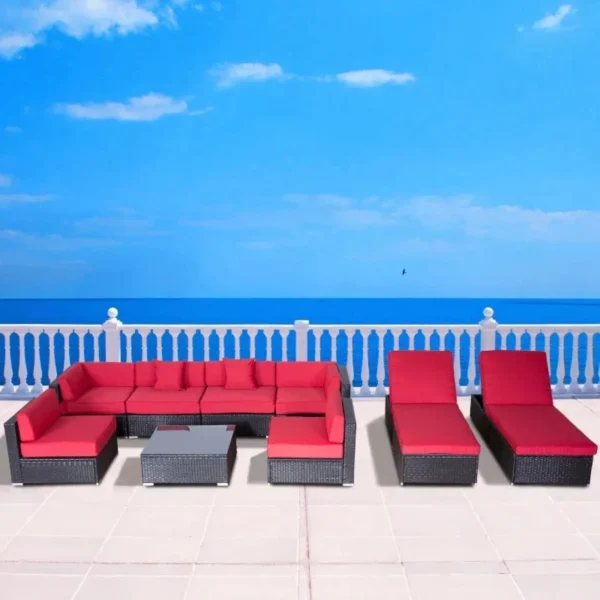 Outdoor 6 Seater Sectional Wicker Sofa Set with Center Table and Waterproof Recliner Lounge Chair(Black & Red)